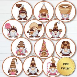 SET of 12 Sweet Coffee Gnome Cross Stitch Pattern
