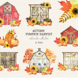 Autumn Pumpkin Barn watercolor clipart, Fall Farm house, Thanksgiving clip art Digital download