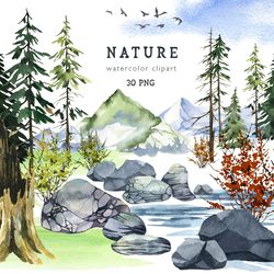 Forest Mountain landscape watercolor clipart, Spruce tree PNG, Winter Summer nature clip art