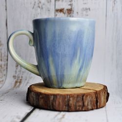 Drip glaze mug 400ml, blue & green ceramic handle mug, large cappuccino cup 14oz, handmade coffee mug, gift pottery mug.