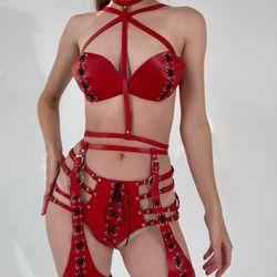 Sexy harnss set, Genuine leather garter bra panties, laser cut harness, women's leather harness, whip and cake