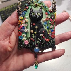Necklace "Garden cat", cat pendant, necklace with stones, unusual necklace
