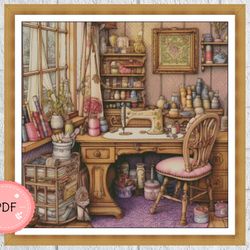 Cross Stitch Pattern,Watercolor,Sewing Room,Pdf,Instant Download,Interior Design,Full Coverage