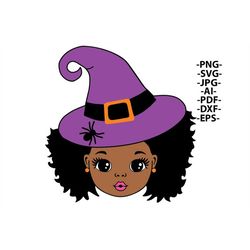 black girl halloween, halloween girl svg, afro girl, halloween svg, halloween vector, hat with spider, purple hat, puff