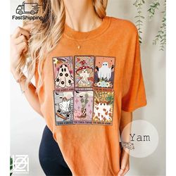 Retro Halloween Ghost Tarot Cards Comfort Colors Shirt, The Black Cat The Ghoul Girl The Thick Things Howdy Ghost The Cr