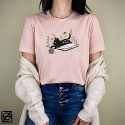 floral cat shirt, cat lover shirt, cat book shirt, cat lover gift, gift for her, cute book cat shirt, pet shirt, cute ly