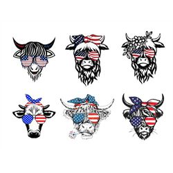 patriotic highland cow svg, 4th of july svg, usa flag bandana sunglasses, heifer, png, files for cricut, sublimation des