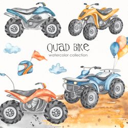 Quad bikes, quad bikes, SUVs, off-road, dirt, helmet, balloons, boy clipart. Digital watercolor, PNG
