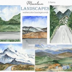 Mountain landscapes. Watercolor backgrounds. Mountains, hills, rocks, road in the mountains. Textures. JPG. Digital down