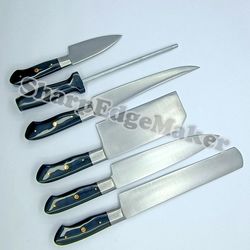 Knives Custom Handmade D-2 Steel Splendid Kitchen Set Knives Lots of 6 Including sharpener, kitchen knives, outdoor