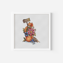 Bird Cross Stitch Pattern PDF, Floral Counted Cross Stitch Chart, Cozy Fall Decor, Instant Download, Vintage Style