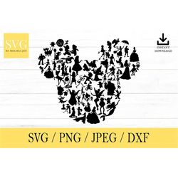 mouse ears, mouse silhouette filled with characters, svg, png, dxf, jpeg, digital download, cut file, cricut, silhouette