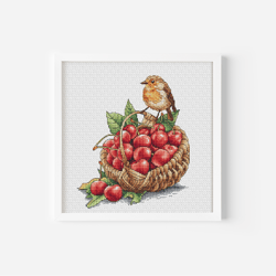 Bird Cross Stitch Pattern PDF, Robin Counted Cross Stitch, Cherry Pattern Embroidery Cozy Basket with Cherries Kitchen