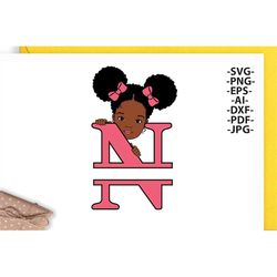 afro girl svg letter n, alphabet name svg, peeking girl svg, split alphabet svg, split letter svg, monogram name svg, bl