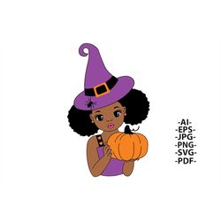 halloween girl svg, afro girl svg, hat, halloween svg, pumpkin svg, halloween dress, puff hair, pink lips, cute little k