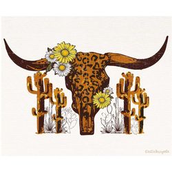 western desert cow skull leopard cactus png, western sublimation, western cow skull png, design download, shirt design,