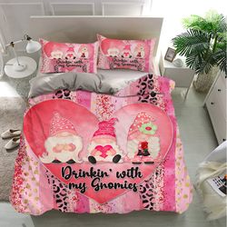 gnomie pink heart bedding sets, gnomie bedding, bedroom decor, decorations for home bedding sets, bedding trending