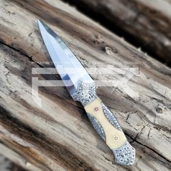 hand engraved knife camle bone handle full-tang with customized cow leather sheath gift for him, anniversary gift,