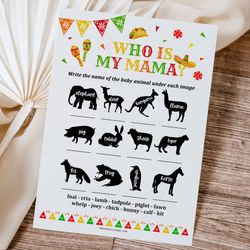 Baby Animals Game Mexican Baby Shower Who is my Mama Game, Mexican Fiesta Baby Shower Game Baby Animals Who is my Mom
