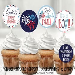 4th of July Baby Shower Cupcake Toppers, Red White and Due, 4th of July Shower Decorations, Baby Q Baby Shower