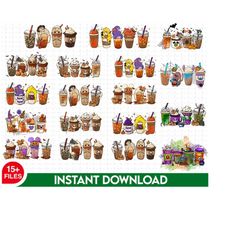 retro halloween movie coffee bundle png, 15 coffee cups halloween png bundle, movie characters coffee bundle png, movie
