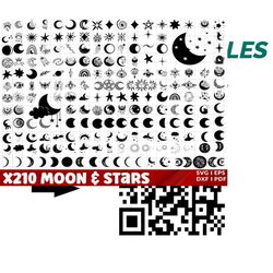 moon and stars svg, moon svg, crescent moon svg, celestial svg, moon stars vector, moon stars cut file, moon silhouette,