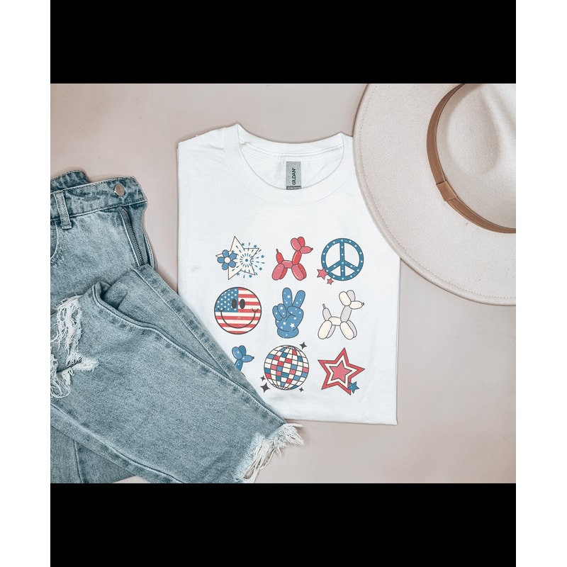 Retro Americana Graphic Tee Symbols Peace Stars Smiley 4th of July Tshirt Independence Day Women's Shirt USA Groovy Red White Blue Live Free - 1.jpg