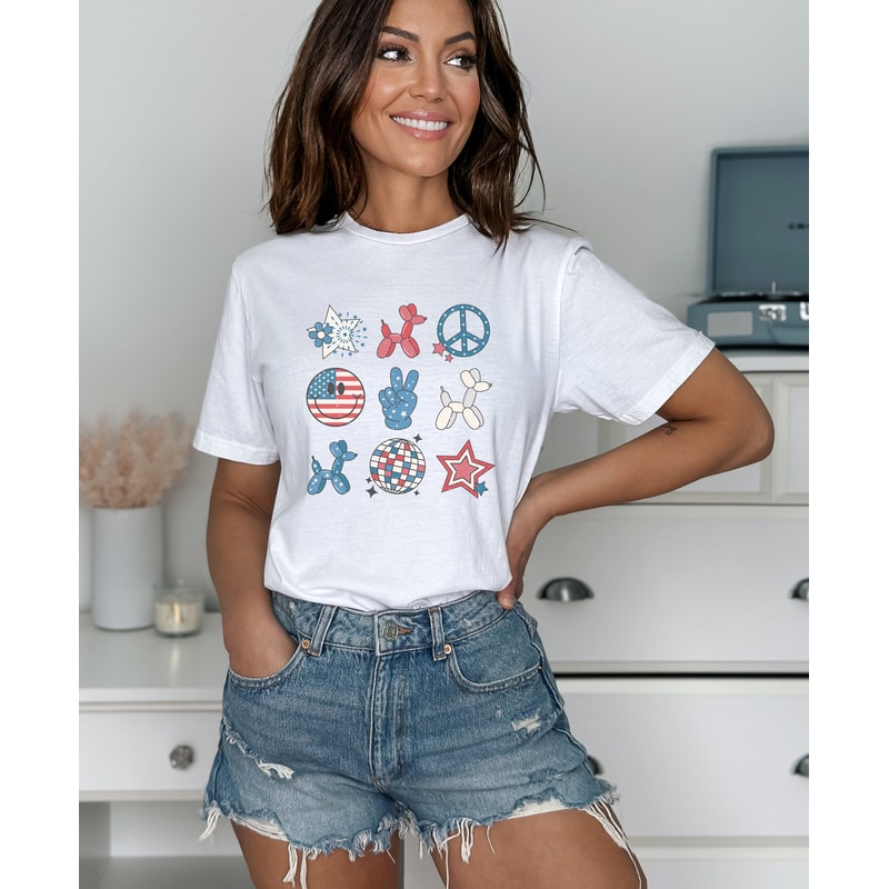 Retro Americana Graphic Tee Symbols Peace Stars Smiley 4th of July Tshirt Independence Day Women's Shirt USA Groovy Red White Blue Live Free - 4.jpg