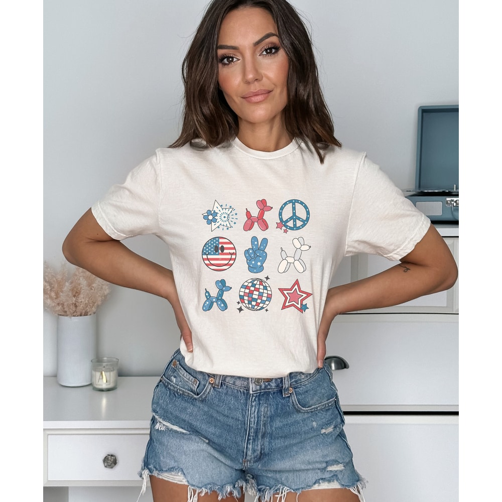 Retro Americana Graphic Tee Symbols Peace Stars Smiley 4th of July Tshirt Independence Day Women's Shirt USA Groovy Red White Blue Live Free - 5.jpg