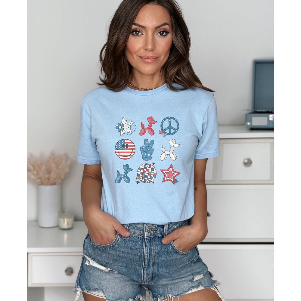 Retro Americana Graphic Tee Symbols Peace Stars Smiley 4th of July Tshirt Independence Day Women's Shirt USA Groovy Red White Blue Live Free - 6.jpg