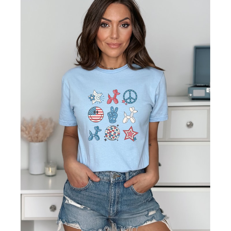 Retro Americana Graphic Tee Symbols Peace Stars Smiley 4th of July Tshirt Independence Day Women's Shirt USA Groovy Red White Blue Live Free - 6.jpg