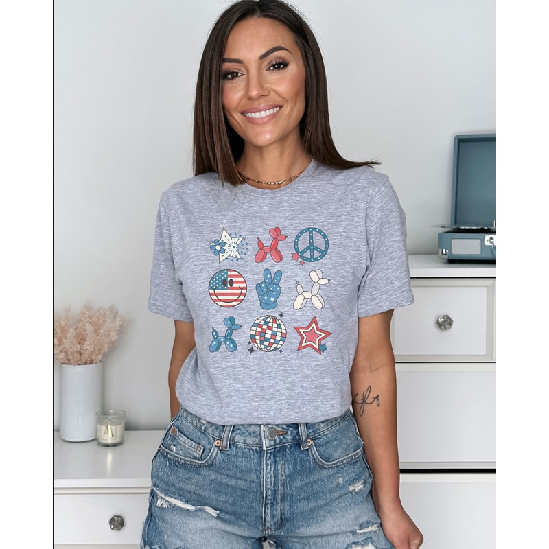 Retro Americana Graphic Tee Symbols Peace Stars Smiley 4th of July Tshirt Independence Day Women's Shirt USA Groovy Red White Blue Live Free - 7.jpg