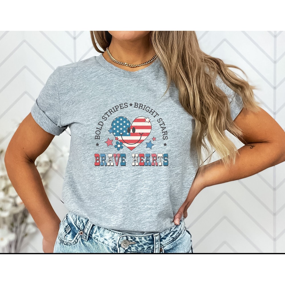 Retro Americana Tee 4th of July Bold Stripes Bright Stars Brave Hearts Tshirt Independence Day Women's Vintage Shirt USA Freedom Live Free - 1.jpg