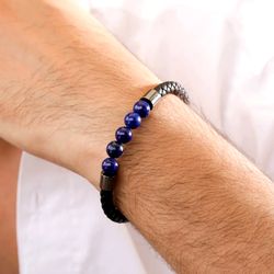 lapis leather bracelet, black spinel ball charm bracelet, gemstone bracelet, magnetic lock bracelet, strength bracelet