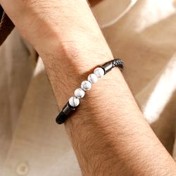 howlite gemstone bracelet, leather fashion wristband, braided black bracelet, men's bead matt black clasp  bracelet