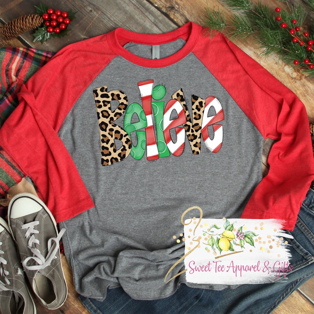 Believe Christmas shirt - Raglan shirt - Christmas Tshirt - Candy Canes - Cheetah print - Red and gray holiday shirt - 1.jpg