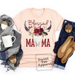 blessed mama t-shirt - soft tee - boho apparel - peach shirt - t-shirt - unisex - boho skull - floral