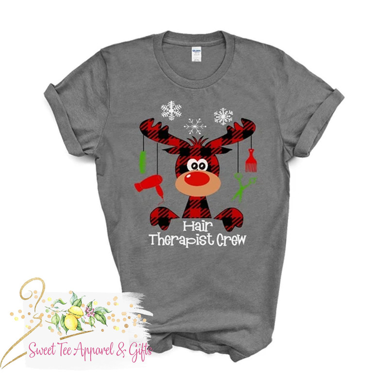 Hair Therapist Crew t-shirt - Christmas shirt - Buffalo plaid shirt - Moose - Matching hairdresser Christmas shirts - 1.jpg