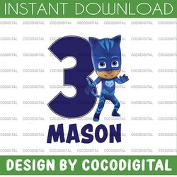 personalized name and ages, pj masks png iron on transfer, personalized diy mommy, daddy, birthday girl party printables