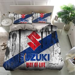 suzuki bedding sets, cars, moto brand, grunge design bedding, bedroom decor, decorations for home, bedding trending