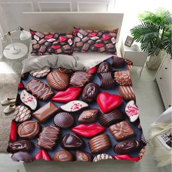 chocolate candy valentines bedding sets, valentines bedding, bedroom decor, decorations for home, bedding trending