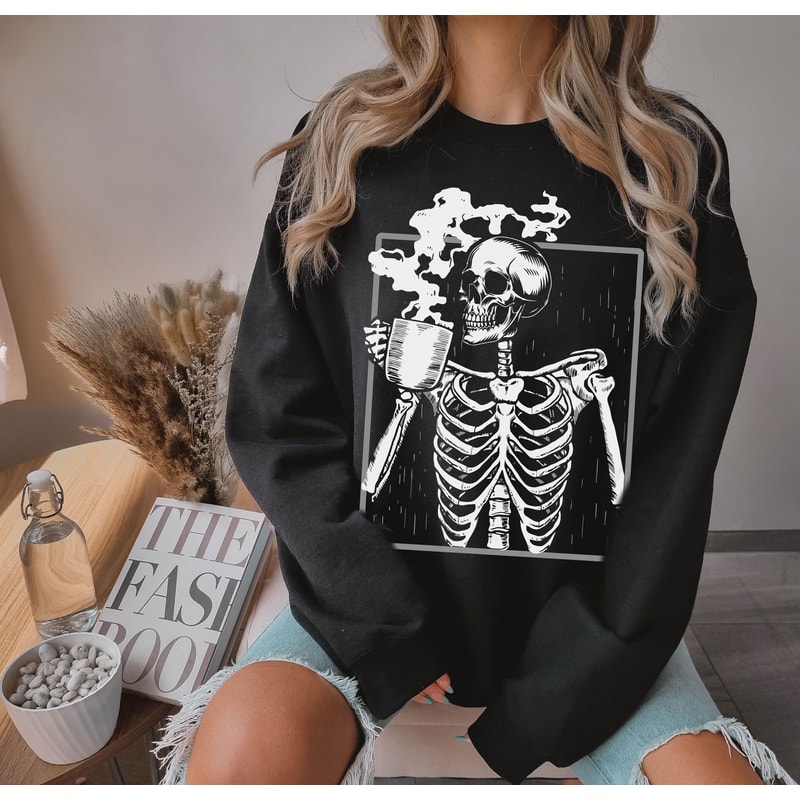 Coffee Skeleton Sweatshirt, Skeleton Sweatshirt, Halloween Skeleton Sweatshirt, Skeleton Halloween, iprintasty halloween, Skeleton Sweater - 1.jpg