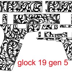 glock 19 gen 5 gun design abstract floral scroll pattern 3 vector svg fiber laser engraving, cnc cutting vector file