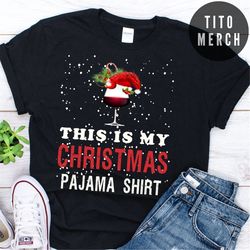 this is my wine christmas pajama shirt christmas wine glass t-shirt