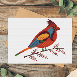 Cardinal bird cross stitch pattern Red small Holly bird Forest winter bird Folk primitive embroidery Christmas xstitch