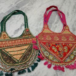 Indian Handmade Ethnic Vintage Banjara Handbag for Women,Medium tote Cotton Handbag Handmade Shopping Bag set 2