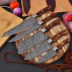 custom handmade hand forged damascus steel kitchen knives set 5 pcs with wood handle