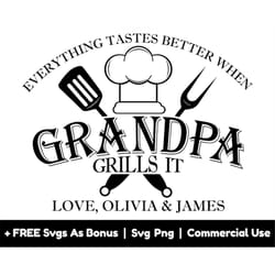 everything tastes better, when grandpa grills it svg png files, grilling svg, fork and spatula svg, chef hat svg, apron