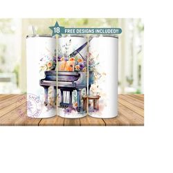 Boho Piano 20 oz Skinny Tumbler Sublimation Design, Western Musical Instrument Tumbler Wrap Digital Download PNG Instant