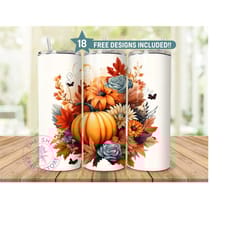 fall floral pumpkin seamless pattern 20oz sublimation tumbler designs, 20oz skinny tumbler, digital download png, straig